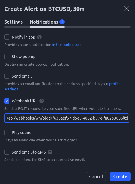 Tradingview alert configuration for webhook Kryll