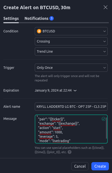 Tradingview alert configuration for webhook Kryll